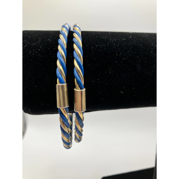2 Matching Blue & Gold Stainless Steel Bangle Bracelets - Picture 4 of 6